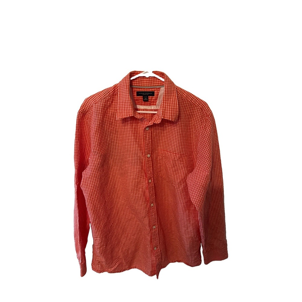 Banana Republic Shirt Classic Fit Orange Check Long Sleeve Size 16 16.5 Linen